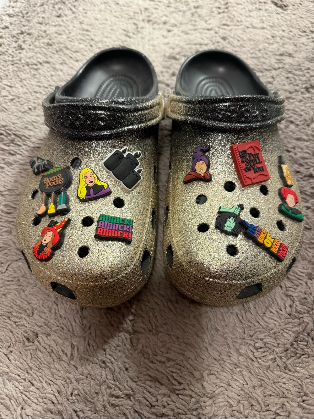 CROCS Glitter Slip-On Clogs in Gold with Novelty Charms